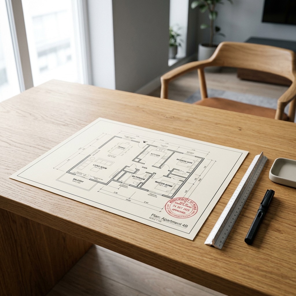 Planos y licencias de obras sobre mesa de arquitecto