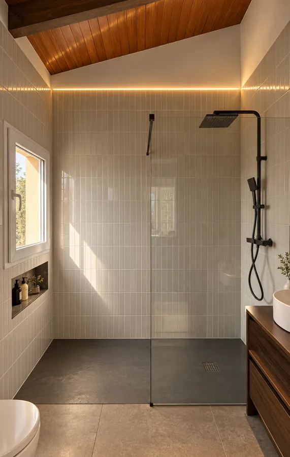 Baño de la planta alta con ducha a ras de suelo y techo de madera, reforma de casa en Premià de Dalt · Nosolo Design