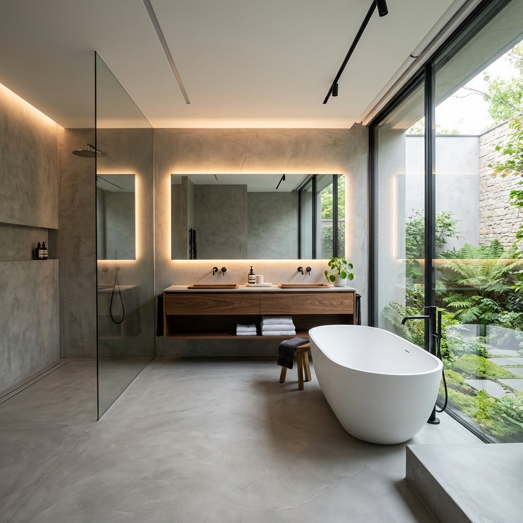 Baño de lujo con microcemento y madera noble